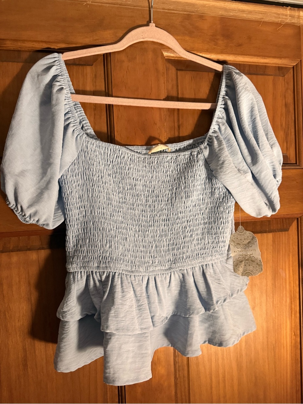 Altar’d State - Light Blue Smocked Peplum Puff-Sleeve Top